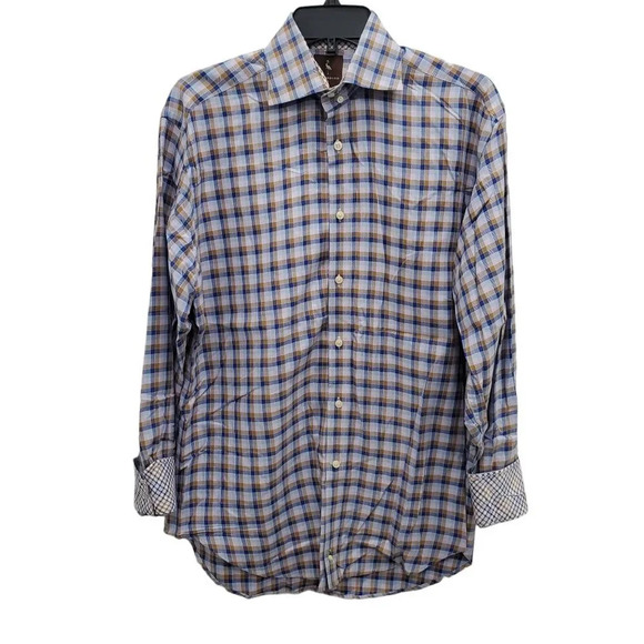 Tailorbyrd Men's Blue & brown Plaid Mixed Print Flip Cuff L/S Dress Shirt Size M - Picture 1 of 5